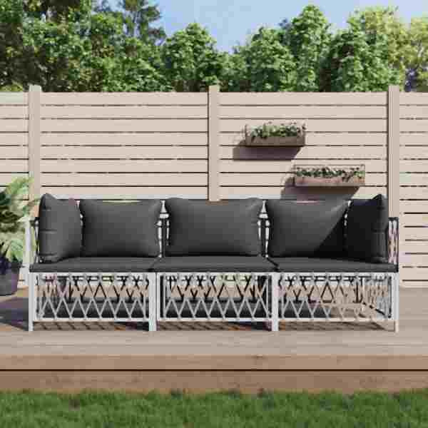 vidaXL 3-tlg. Garten-Lounge-Set mit Kissen Weiß Stahl, 3186816