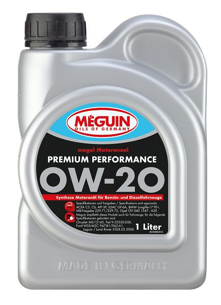Meguin megol Motorenöl Premium Performance SAE 0W-20, Kanister Kunststoff, VE: 1 Liter, 33068