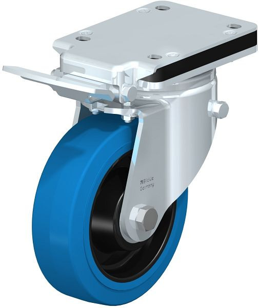 Blickle LH-POEV 160K-IS-SB Stahlblech-Lenkrolle, Schwerlast-Ausführung, mit Anschraubplatte & Feststeller, Elastik-Vollgummi, Blau, 750072