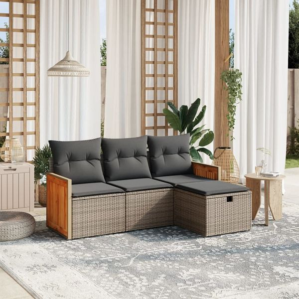 vidaXL 4-teilig Garten-Sofagarnitur mit Kissen Grau Poly Rattan, 3265708