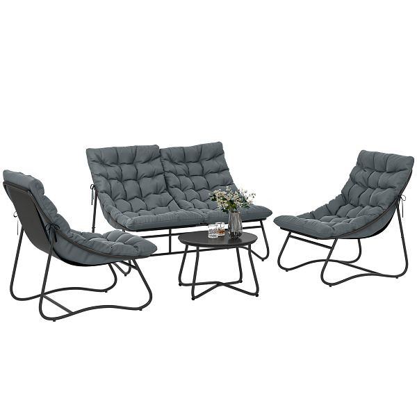 Outsunny 4-Sitzer Gartenmöbel-Set, 2 Stühle, 1 Doppel-Sofa, 1 Tisch, dicke Kissen, Stahlrahmen, für Terrasse, Grau, 84G-527V01GY