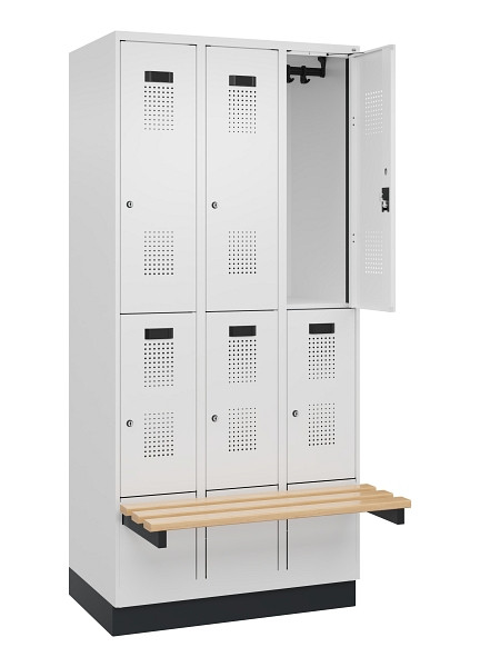 C+P Doppelstock-Spind Evolo PLUS, Bank, 6 Fächer, 1950x900x815mm, 9016/9016, Zylinderschloss, Sitzfläche Buche-Hartholz, mit Sockel, 049340-30 S10047