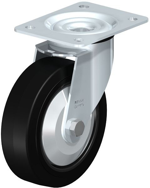 Blickle LE-POEV 160R-FA Stahlblech-Lenkrolle mit Anschraubplatte, Elastik-Vollgummi, Schwarz, 712117