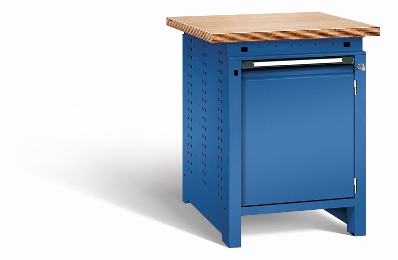 Otto Kind Werkbank Serie function Typ 104, Multiplexplatte 40 mm, überstehend, 1Tür 570 mm, 1 Ablageboden, komplett RAL 5010, 072321213
