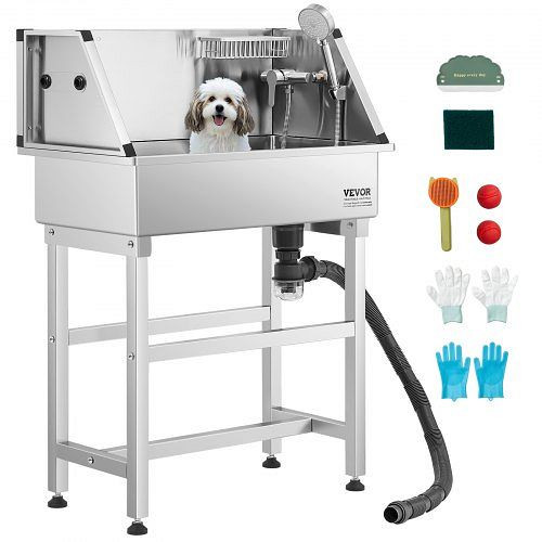 VEVOR Hundewaschstation Edelstahl 870x490x1225mm mit Wasserhahn, Duschkopf, Seifenhalter & Spielbällen, für mehrere Haustiere, BXGCWYG34CJY8SX20V0