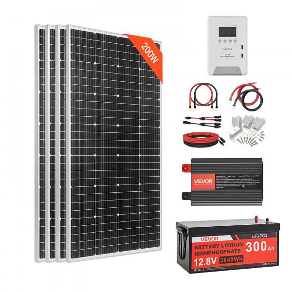 VEVOR 800W Solar-Inselanlage, 4x 200W Mono-Panels, 12,8V 300Ah LiFePO4, 60A MPPT, 12V 2000W Wechselrichter, 12VLWTYNTJ129ROVH001V2