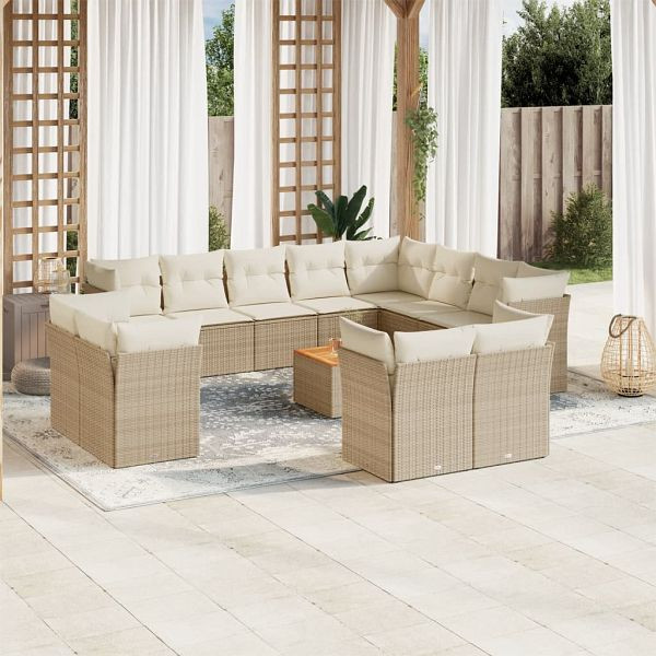 vidaXL 13-teilig Garten-Sofagarnitur mit Kissen Beige Poly Rattan, 3256282