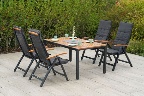 Merxx Tilos Set 9-teilig, 4 Tilos Klappsessel, 4 Kissen, uni grau, 1 Tilos Tisch, 150 x 90 cm, Aluminium mit FSC Akazienholz, 50621-800