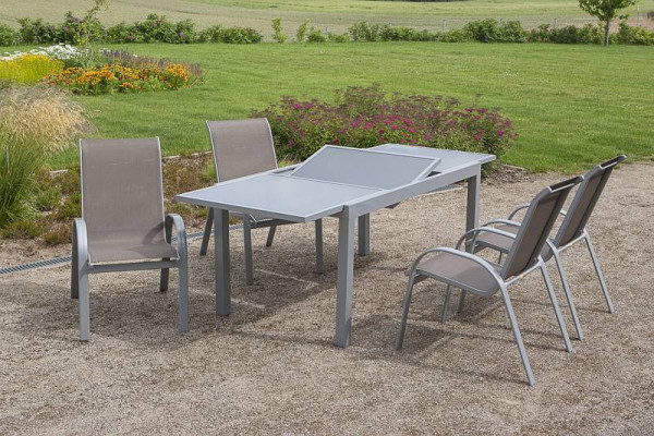 Merxx Amalfi Set 5-teilig, 4 Amalfi Stapelsessel, 1 Ausziehtisch 140 (200) x 90 cm, graue Glasplatte, silber/taupe, 50339-325
