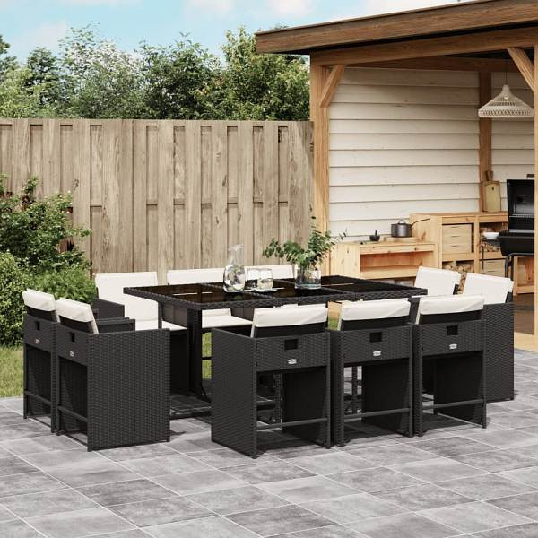 vidaXL 11-tlg. Garten-Essgruppe mit Kissen Schwarz Poly Rattan, UV-beständig, 3277973