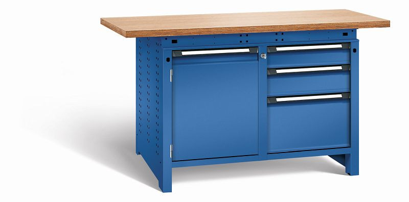 Otto Kind Werkbank Serie function Typ 213, Multiplexplatte 40 mm, überstehend, 2x Unterbau + Zentralverschluss, komplett RAL 5010, 072343213