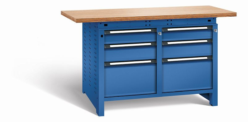 Otto Kind Werkbank Serie function Typ 215, Multiplexplatte 40 mm, überstehend, 2x Unterbau + Zentralverschluss, komplett RAL 5010, 072345213