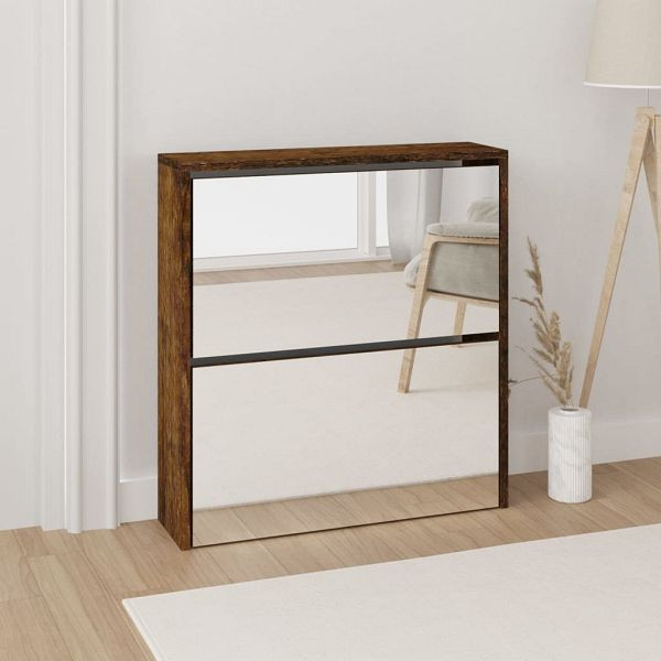 vidaXL Schuhschrank mit Spiegel 2 Fächer Räuchereiche 63x17x67 cm, 342632
