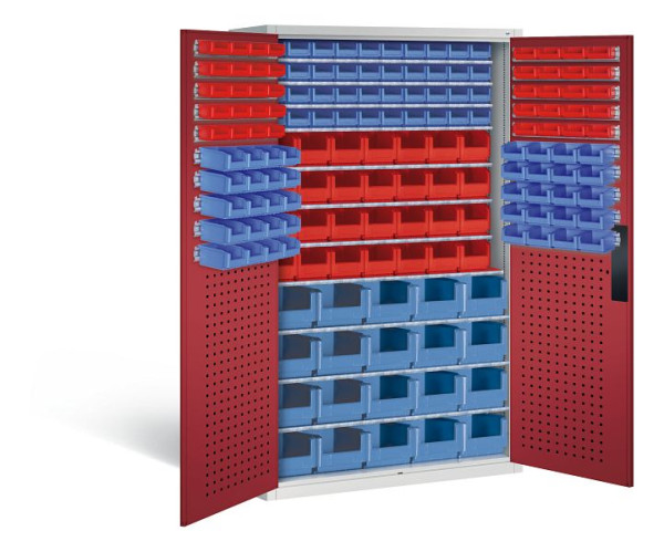 C+P Magazinschrank Serie 13, H1950xB1100xT535mm, Farbe: Lichtgrau / Rubinrot, Muldengriff, 130276-61 S10016