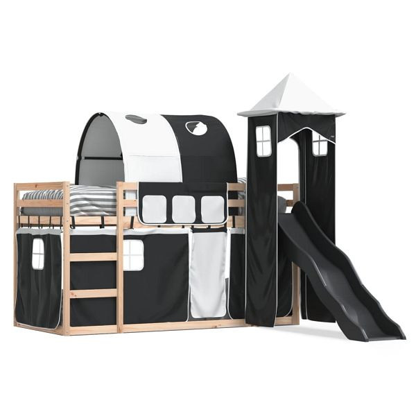 vidaXL Etagenbett mit Rutsche und Gardinen Weiß und Schwarz 90x190 cm, 3284179