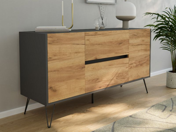 Posseik Sideboard Industrial F 140cm 2 Schubladen 2 Türen Grafit/Eiche Front, PN2083X0000019DE