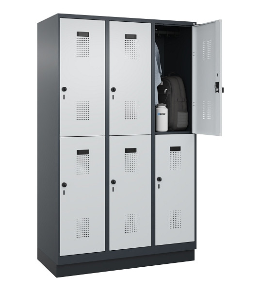 C+P Doppelstöckiger Spind Evolo PLUS, mit Sockel, 6 Fächer, 1950x1200x500mm, 701, Frontfarbe RAL 7035 Lichtgrau, Drehriegel, 049320-32 S10017