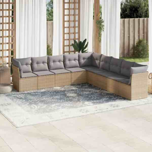 vidaXL 9-tlg. Garten-Sofagarnitur mit Kissen Beige Poly Rattan, UV-beständig, 3217779