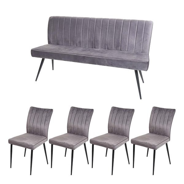 Mendler Esszimmer-Set HWC-K16, 4er-Set Stuhl+Sitzbank Esszimmergruppe Sitzgruppe Esszimmergarnitur, Samt Metall, dunkelgrau, 2x89319+89321+89480