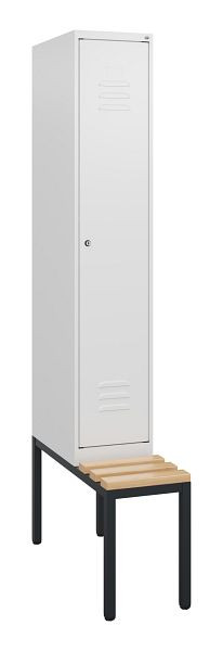 C+P Umkleidespind Classic PLUS, mit untergebauter Sitzbank, 1950x300x815mm, 9016/9016, Zylinderschloss, Buche-Sitzleisten, 0800505-10 S10029