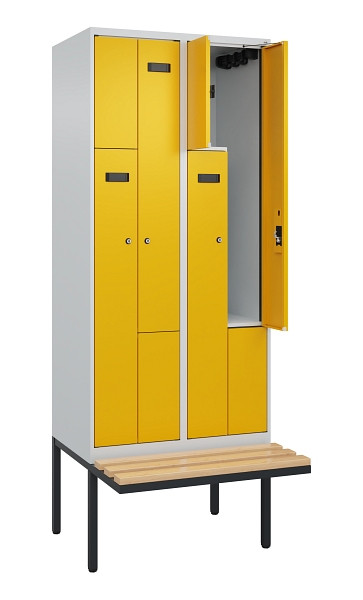 C+P Z-Spind Evolo PLUS, Bank, 4 Fächer, 2120x800x815mm, 7035/1004, Zylinderschloss, Sitzfläche Holz, 0490437-224 S10023