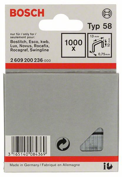 Bosch Feindrahtklammer Typ 58, 13 x 0,75 x 10 mm, 1000er-Pack, 2609200236