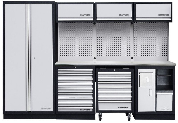Kraftwerk MOBILIO 4-Element-Werkstatt-Schranksystem inkl. Rollschrank und rostfreier Inox-Arbeitsplatte, mit Vierkantlochwand, 3964DIX