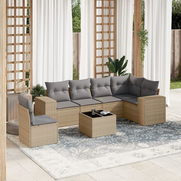 vidaXL 7-teilig Garten-Sofagarnitur mit Kissen Beige Poly Rattan, 3222638
