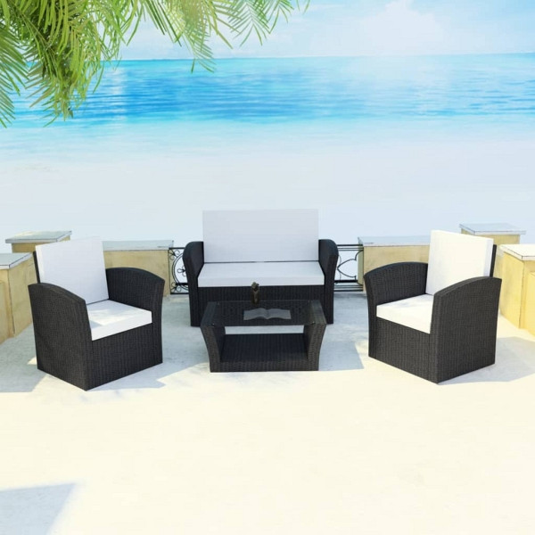 vidaXL 4-tlg. Garten-Lounge-Set mit Kissen Poly Rattan Schwarz, 42642