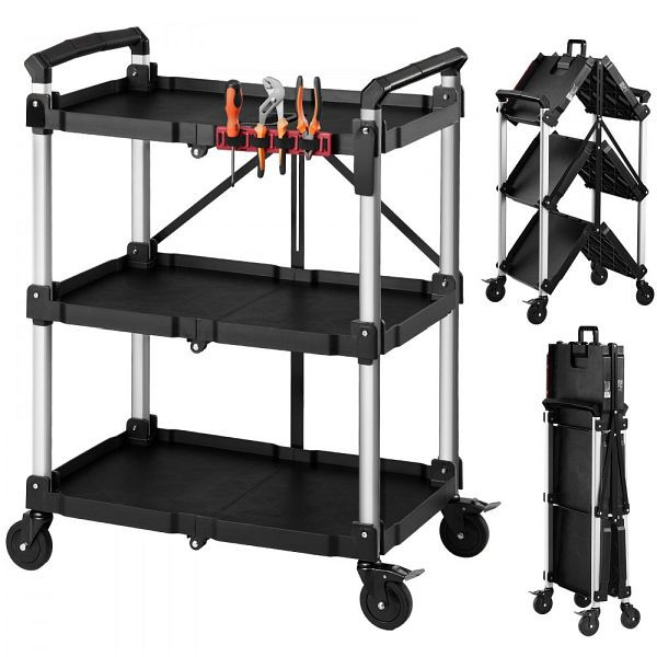 VEVOR Klappbarer Werkstattwagen aus ABS, 790x500x1050mm, Schwarz, 136kg Tragkraft, 3 Ebenen, 4 Rollen, feststellbar, SXFSSYTCSXSCY04N4001V0