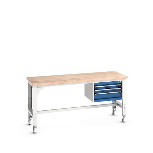 bott cubio Werkbank mobil mit Hängeschrank 3 Schubladen, Rotbuche, höhenverstellbar, BxTxH: 2000x750x840-1140mm, Rotbuche RAL 7035/5010, 41003485.11V