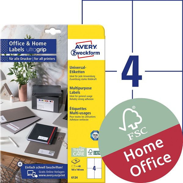 AVERY Zweckform 6124 Universal-Etiketten ultragrip, 105 x 148 mm, weiß, 40 Etiketten, permanent, 6124