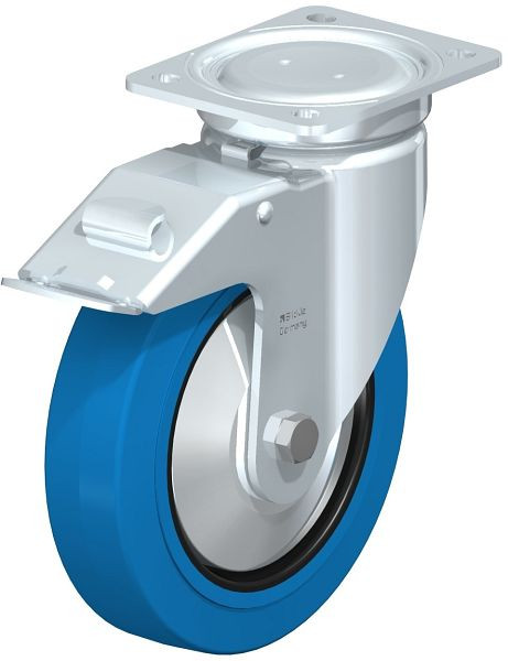 Blickle LU-POEV 200XR-FI-SB-FA Stahlblech-Lenkrolle, schwere, geschlossene Ausführung, mit Anschraubplatte & Feststeller, Elastik-Vollgummi, Blau, 851624