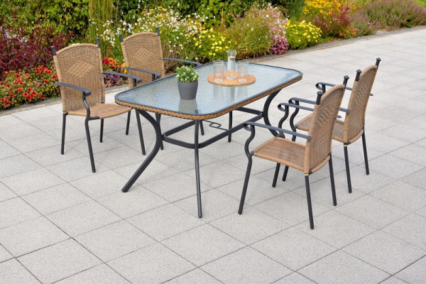 Merxx Roma Set 5-teilig, 4 Stapelsessel, 1 Tisch 150 x 85 cm, Glasplatte mit Geflechtrand, Graphit/Natur, 50735-211