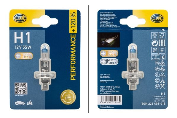 HELLA Halogen-Glühlampe, H1, Performance + 120%, 12V, 55W, Sockelausführung Glühlampe: P14.5s, Blister, 8GH 223 498-018