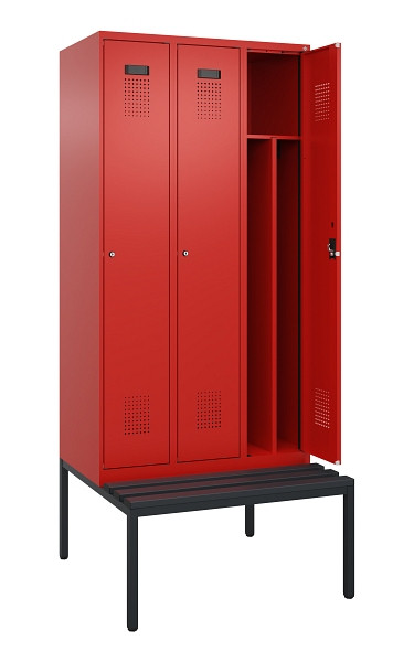 C+P Spind Evolo PLUS, 3 Abteile, 2120x900x815mm, 3020/3020, Haken 4, Zylinderschloss, Sitzfläche Kunststoff, Sitzbank, 0490507-30F S10105