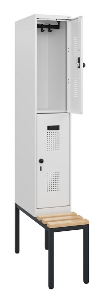 C+P Doppelstöckiger Spind Evolo PLUS, Bank, 2 Fächer, 1950x300x815mm, 9016/9016, Drehriegel, Sitzfläche Buche-Hartholz, Sitzbank, 0493505-10 S10023