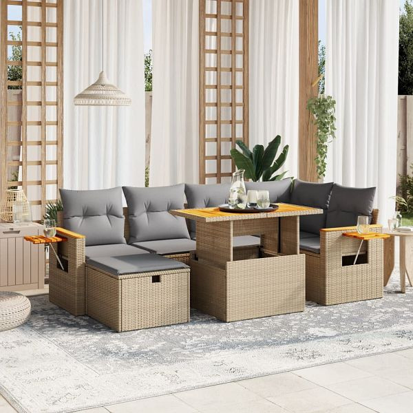 vidaXL 7-tlg. Garten-Sofagarnitur mit Kissen Beige Poly Rattan, 3276146