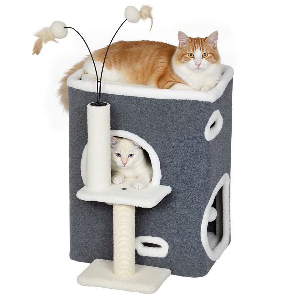 PawHut Katzenkratzbaum, Top-Liegefläche, 2-stöckiges Haus, Sisalpfosten, Grau, D30-915V00GY