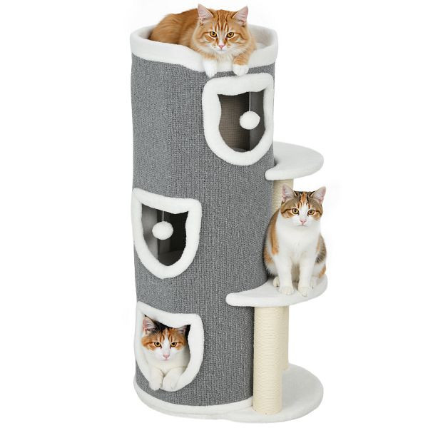 PawHut 101 cm Katzenturm, 3 Ebenen, 3 Schlafhöhlen, Spielbälle, Kratzpfosten, Sisal, Spanplatte, Grau, D30-941V00GY