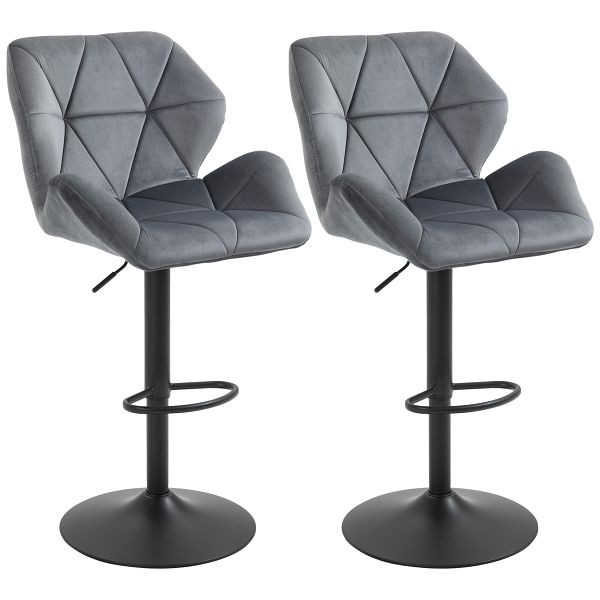 HOMCOM Barhocker 2er Set, Gepolstert Barstuhl mit Metallgestell, Lehne, Samtoptik, Höhenverstellbar 360° Drehbar, 835-355GY