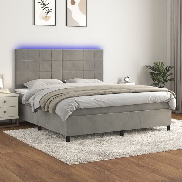 vidaXL Boxspringbett mit Matratze & LED Hellgrau 180x200 cm Samt, 3136137