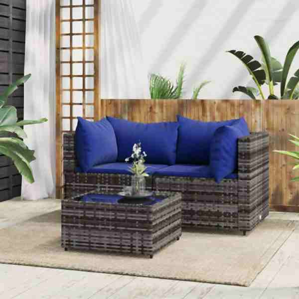 vidaXL 3-tlg. Garten-Lounge-Set mit Kissen Grau Poly Rattan, 319843