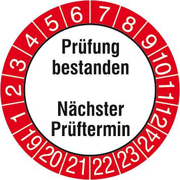 SafetyMarking Prüfplakette, Prüfung bestanden/Nächster Prüftermin, Prüfzeitraum: 19-24, Ø 3 cm, Folie, selbstklebend, VE: 15 Stück/Bogen, 30.0824-19-24