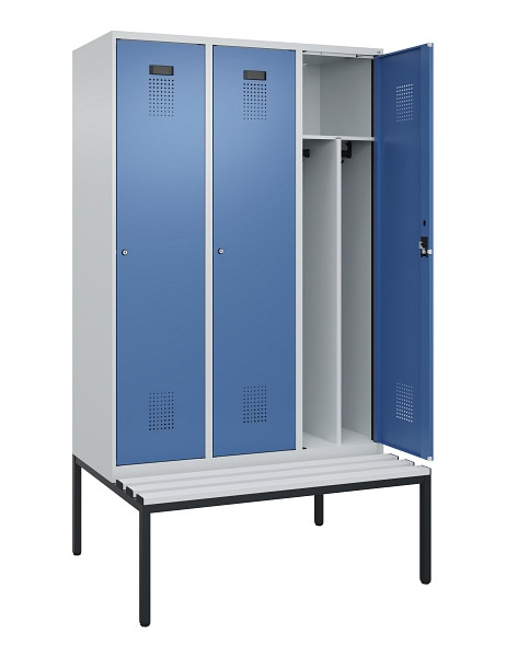 C+P Spind Evolo PLUS, 3 Abteile, 2120x1200x815mm, 7035/5023, Haken 4, Zylinderschloss, Sitzfläche Kunststoff, Sitzbank, Trennwand, 0490507-32F S10089