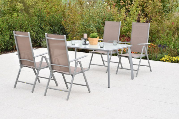 Merxx Amalfi Set 5-teilig, 4 Amalfi Klappsessel, Rückenlehne verstellbar, 1 Tisch 150 x 90 cm, matte Glasplatte, Silber/taupe, 50878-325