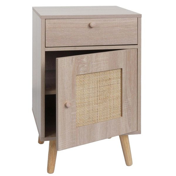 Mendler Beistelltisch HWC-M36, Kaffeetisch Nachttisch Loungetisch, Staufächer Schublade, Kubu Rattan Holz Melamin, Eiche-Optik, 104206