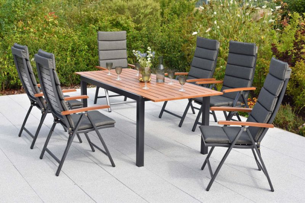 Merxx Tinos Set 13-teilig, 6 Tinos Klappsessel, folierte Armlehnen, Holzoptik, 6 Auflagekissen grau, 1 Ausziehtisch foliert, Aluminium, 50282-800