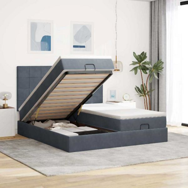 vidaXL Ottoman-Bett mit Matratzen & LEDs Dunkelgrau 160x200 cm Samt, 3314616