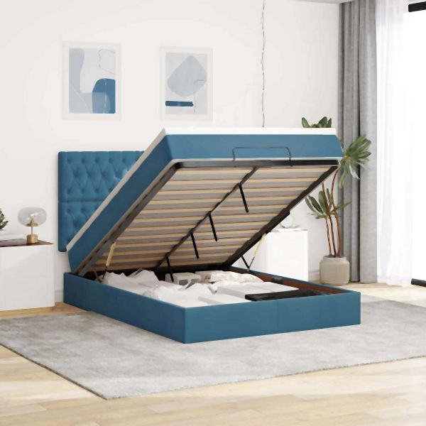 vidaXL Ottoman-Bett mit Matratzen & LEDs Dunkelblau 140x200 cm Samt, 3314400